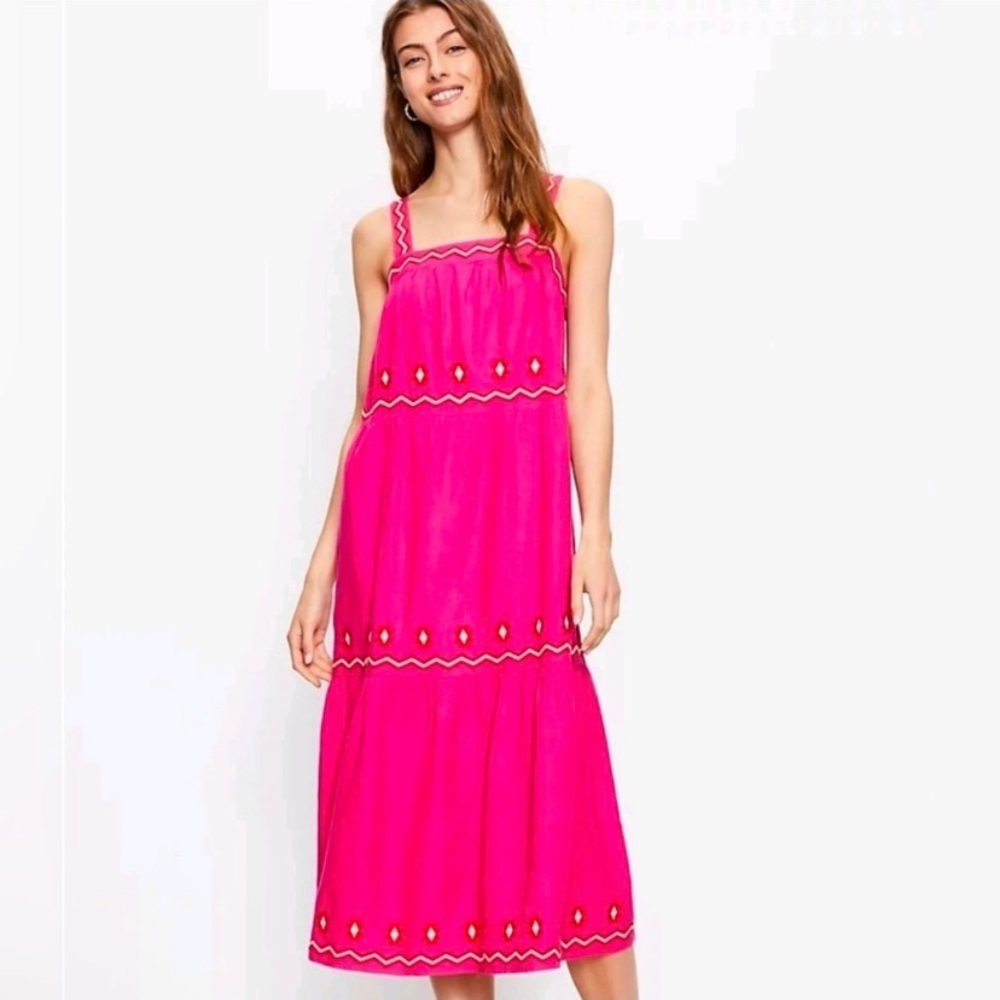 LOFT Bright Pink Tiered Embroidered Maxi Dress Size XS Petite